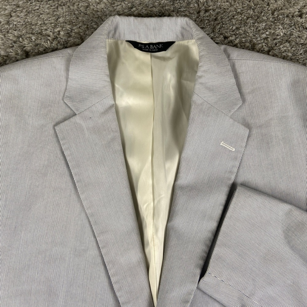 Jos A Bank Seersucker Blazer Mens 46R Blue Tailored Fit Cotton Blend‎ Sport Coat